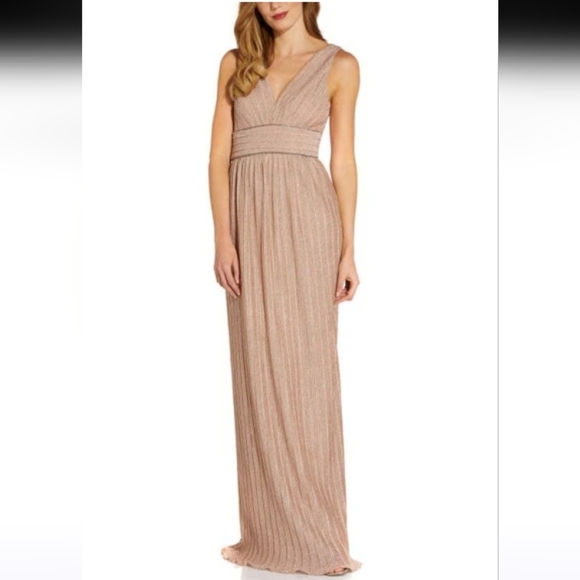 Adrianna Papell Pleated metallic vneck Gown Women size 8 Blush Pink maxi Formal - Picture 1 of 15